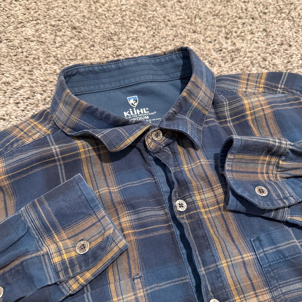 KUHL Flannel Shirt Mens Medium Blue Tan Plaid Cotton Tencel Button Up Outdoor